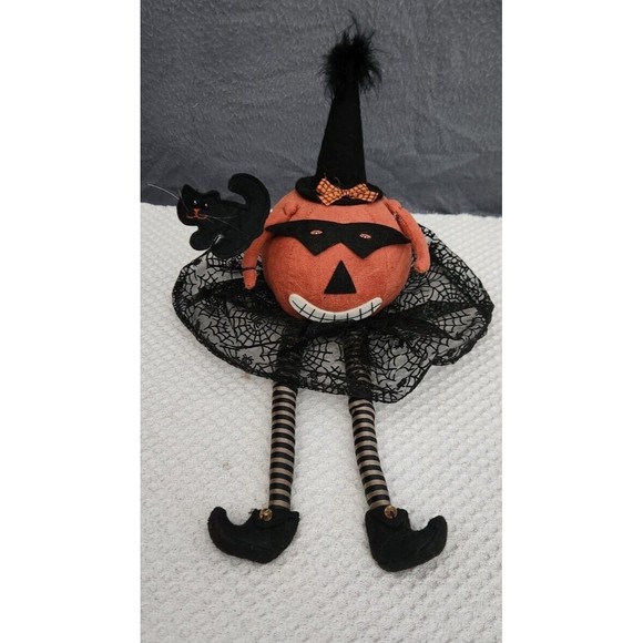 Primitive Folk Art Pumpkin‎ Head Doll Halloween Fall Witch Shelf Sitter Autumn - Picture 1 of 9